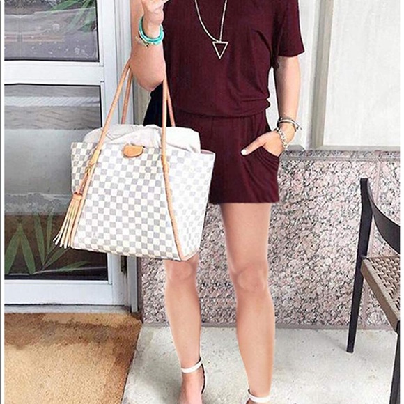 🏆Off Shoulder Loose Fit Romper Burgundy - Picture 2 of 3